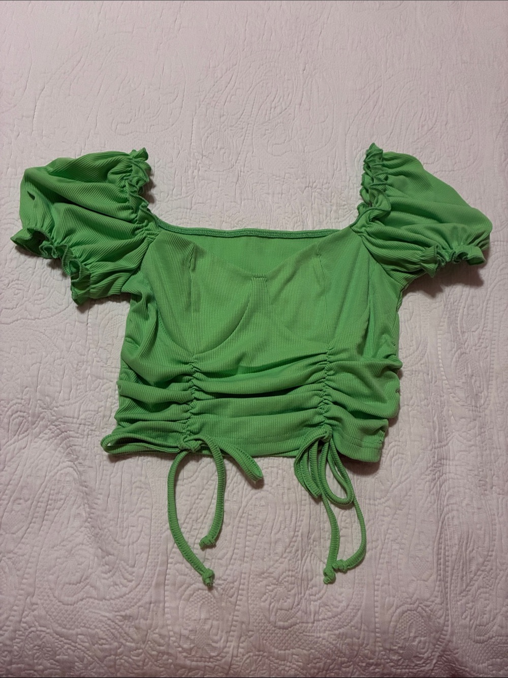 Lime Green Ruched Puff-Sleeve Crop Top